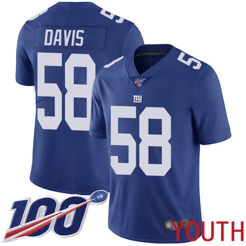 Youth New York Giants #58 Tae Davis Royal Blue Team Color Vapor Untouchable Limited Player 100th Season Football NFL Jersey->youth nfl jersey->Youth Jersey